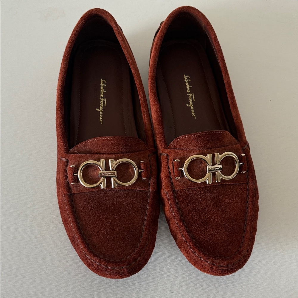Salvatore Ferragamo Burgundy Suede Loafers with Gold Accent